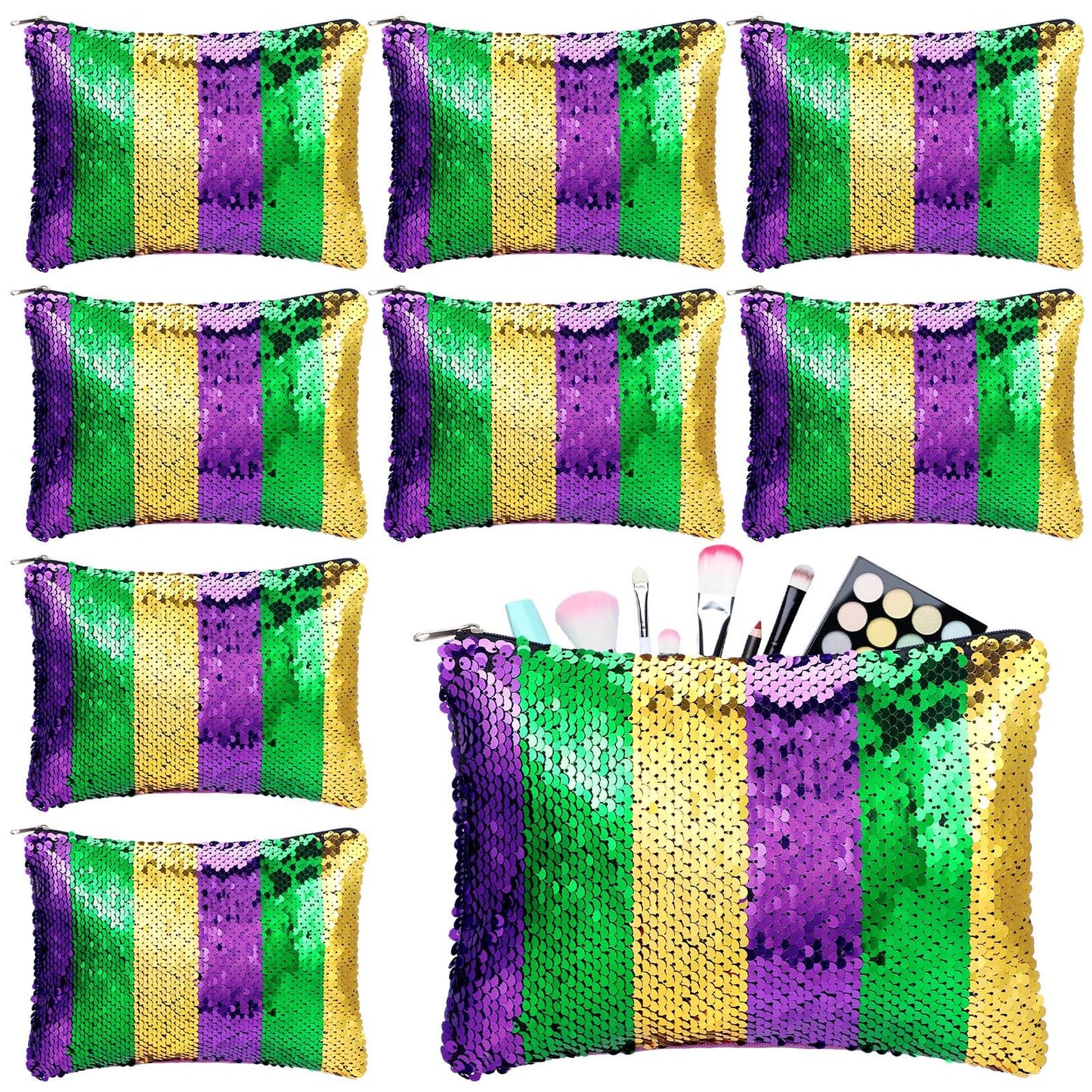 Reginary 8 Pcs Mardi Gras Sequin Makeup Bags Masquerade Parades Cosmetic Canvas Bags Canvas Gifts for Travel Women Carnival Gifts
