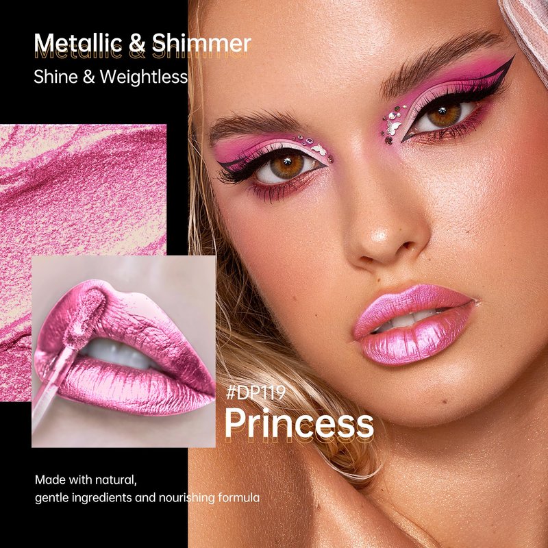 Depuplum Pink Lipsticks for Women Metallic Lipstick Long Lasting Shimmer Lip Gloss Metal Shine Glitter Waterproof Lipsticks Full Coverage Lip Color for Mother's Day,DP119 Princess