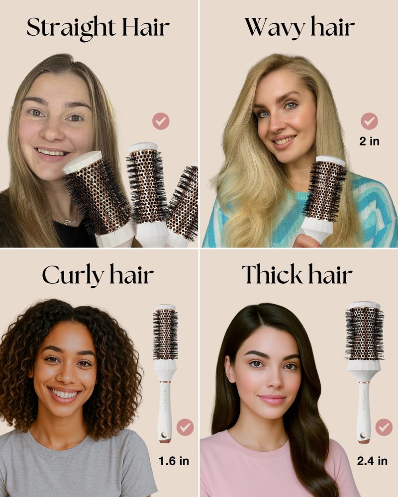 Lily England Round Hair Brush Set, 4 Piece Professional Blow Dry Kit with 3 Round Brushes and Comb for Styling, Beauty Gifts Sets for Women (White)