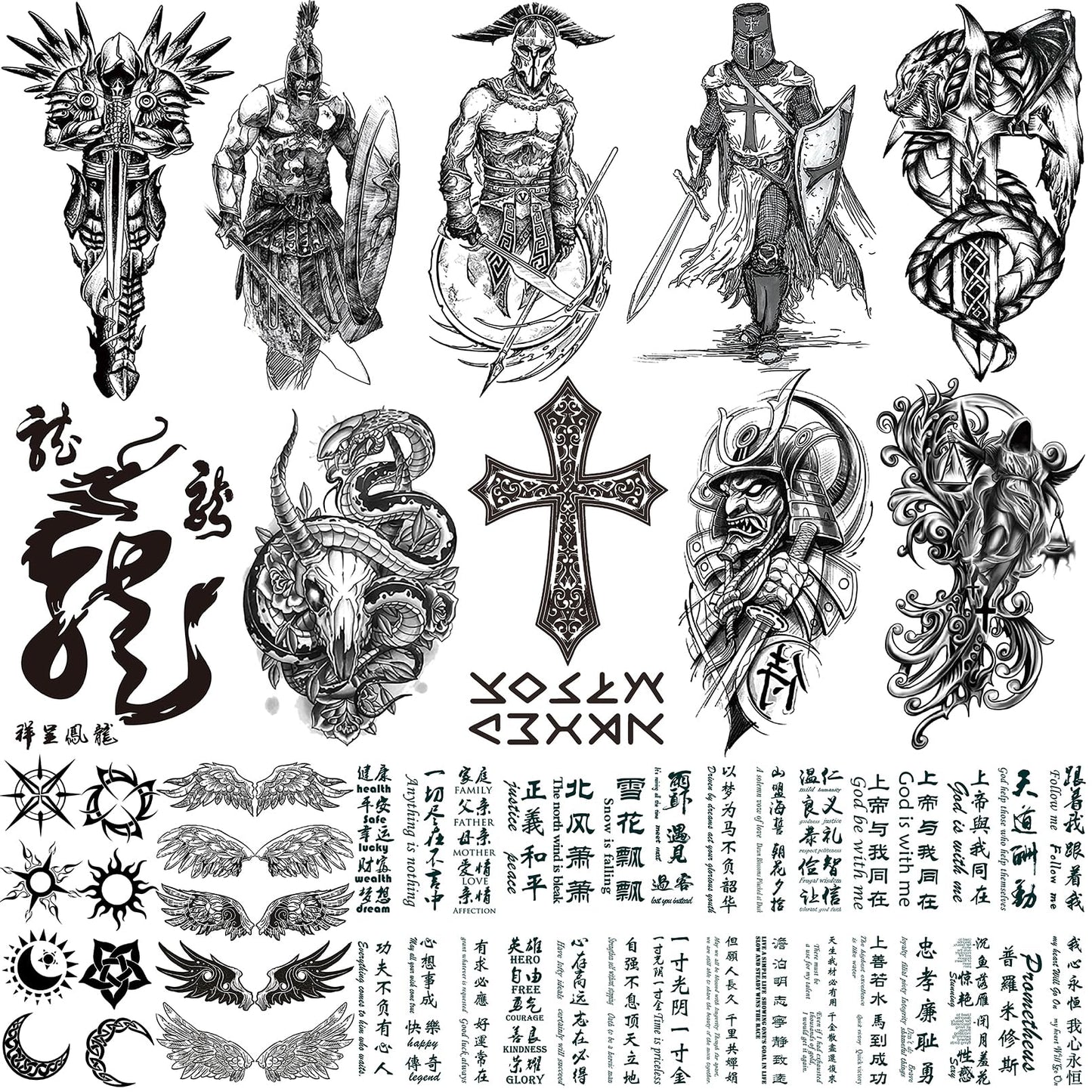 VERKSTAD Black Realistic Temporary Tattoos for Men Women, Waterproof Half Sleeve Fake Tattoos for Boys Girls, Warrior Wing Cross Dragon Letter Totem Tattoo Kits for Parties Festivals Cosplay