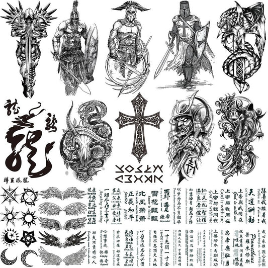 VERKSTAD Black Realistic Temporary Tattoos for Men Women, Waterproof Half Sleeve Fake Tattoos for Boys Girls, Warrior Wing Cross Dragon Letter Totem Tattoo Kits for Parties Festivals Cosplay