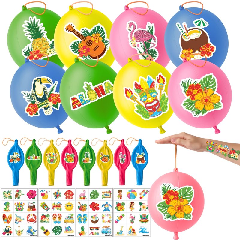 72 PCS Tropical Luau Party Favors – 48 Pre-Cut Temporary Tattoos & 24 Punch Balloons Themed Birthday Party Decorations Supplies Favors Gifts, Goodie Bag Fillers, Classroom Rewards