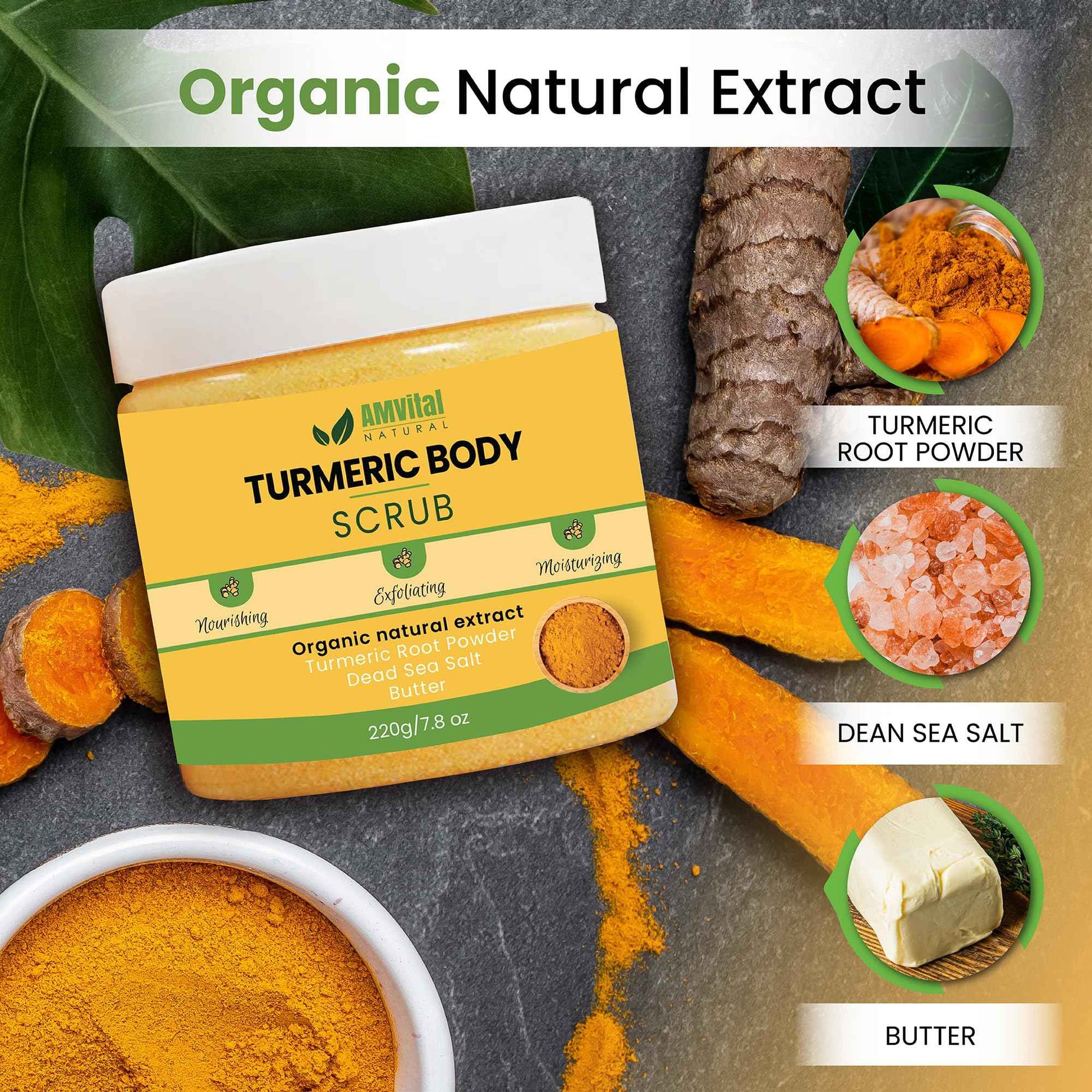 AMVital Turmeric Skincare Bundle: Turmeric Body Scrub (220g) & Turmeric Face Serum (30ml) - Natural Exfoliating, and Hydrating Skincare Set