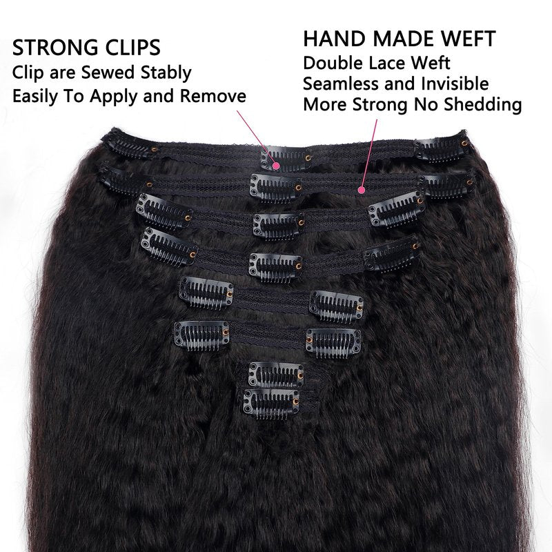 Kinky Straight Clip in Hair Extensions Real Human Hair Clip ins Natural Black Double Weft Clip ins for Women 12 Inch 120g 8pcs Kinky Straight Clip on Extensions Human Hair #1B Natural Color
