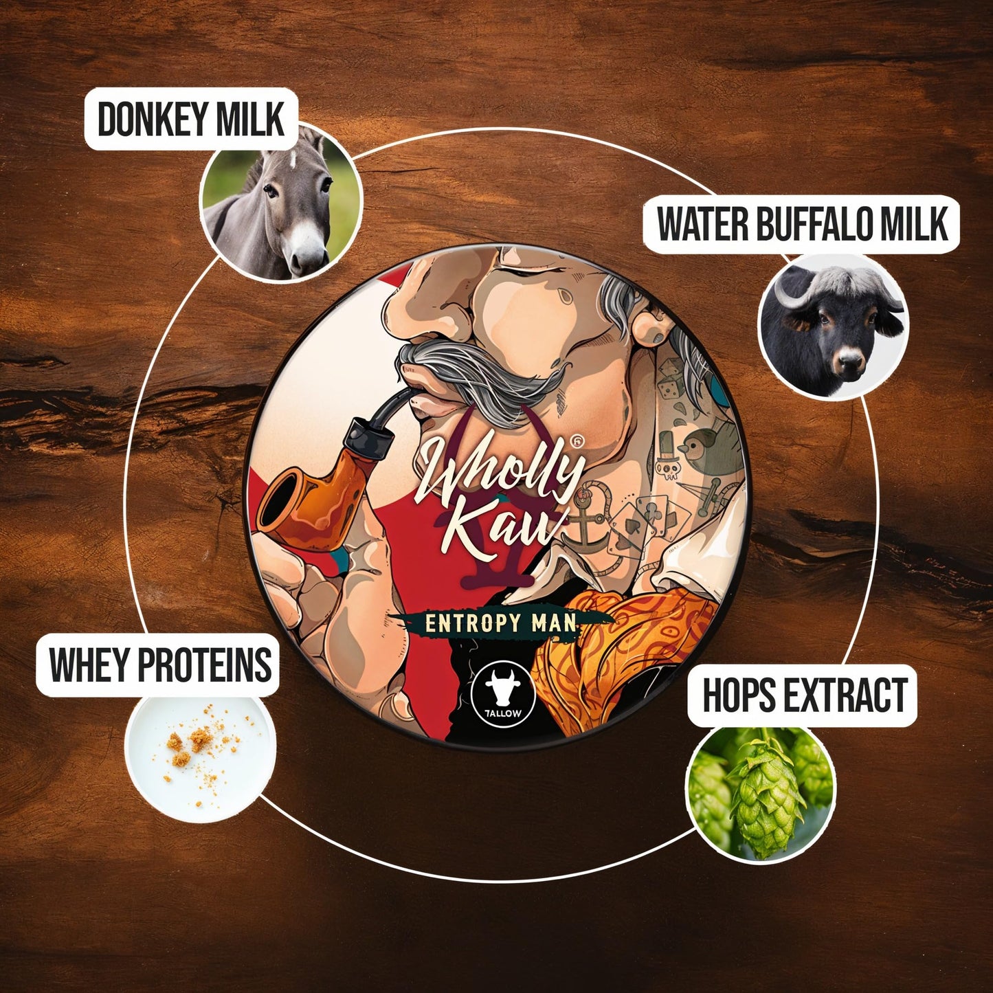 Entropy Man Tallow Shaving Soap. Enriched with Donkey Milk, Water Buffalo Milk, Whey Proteins, Omega 3, Omega 6, Hops Extract. Tobacco, Leather, Plum, Rum, Hay