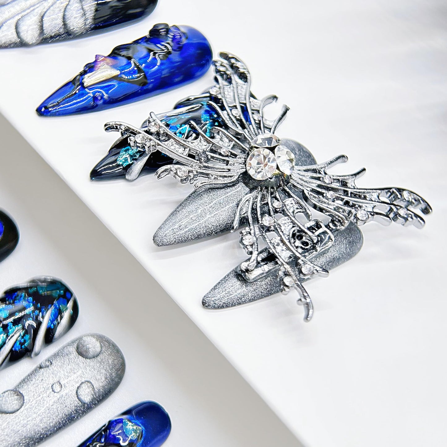Press on Nails Handmade Luxury Long Style Almond Reusable Halloween Goth Nail for Women and Girls 11pcs (Blue Butterfly-M, One Size)
