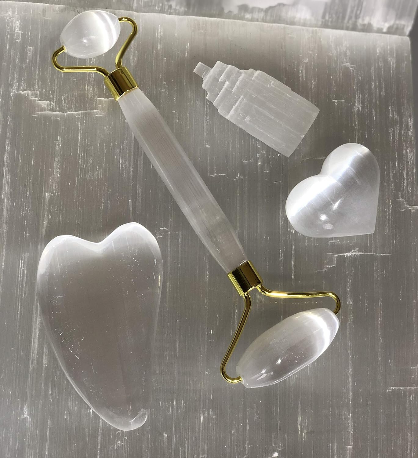 Selenite Roller - Healing Selenite Heart & Tower Massage Tool | Natural Crystal Therapy