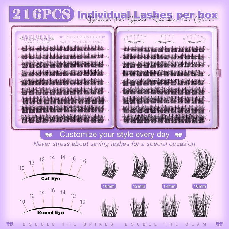 Natural Eyelash Clusters Kit - 216 Pcs Wispy Anime Lashes 10-16mm | Fairy Manga Lash Extensions with Glue & Tape