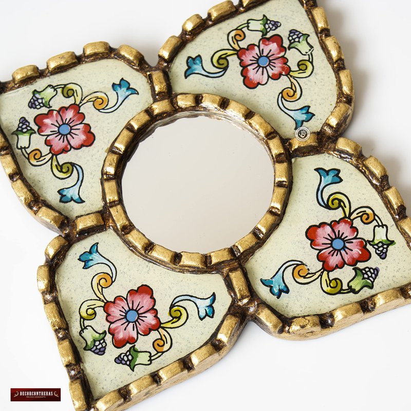 DecorContreras Small Peruvian Mirror, Handmade Artisan Mirror Wall Decor, Reverse Painted Glass Diamond Shape Mirrors 8.26" (Beige)