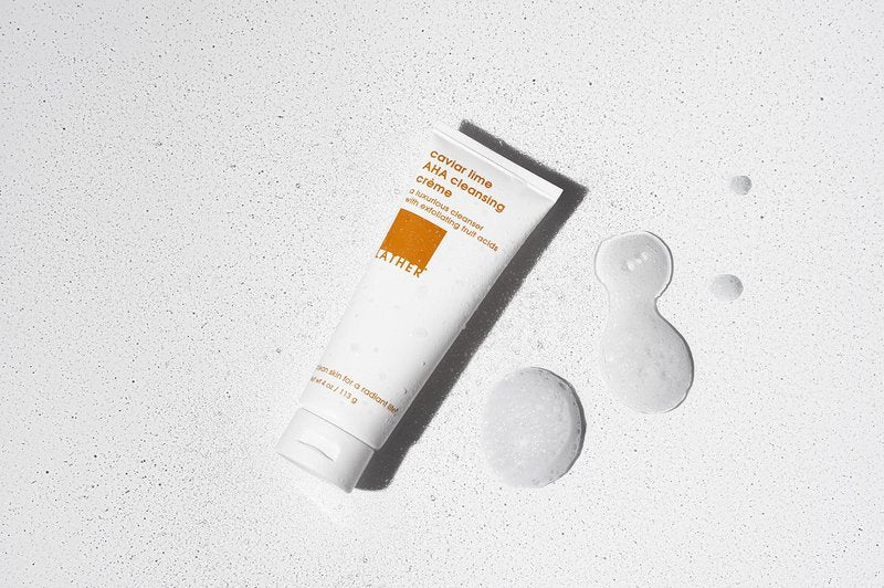 LATHER Caviar Lime AHA Cleansing Cream Face Wash - Lactic Acid & Vitamin C Cleanser - Gently Exfoliating & Foaming Face Wash for Combination, Oily/Acne prone, Mature/Dry Skin - 4 Fl Oz