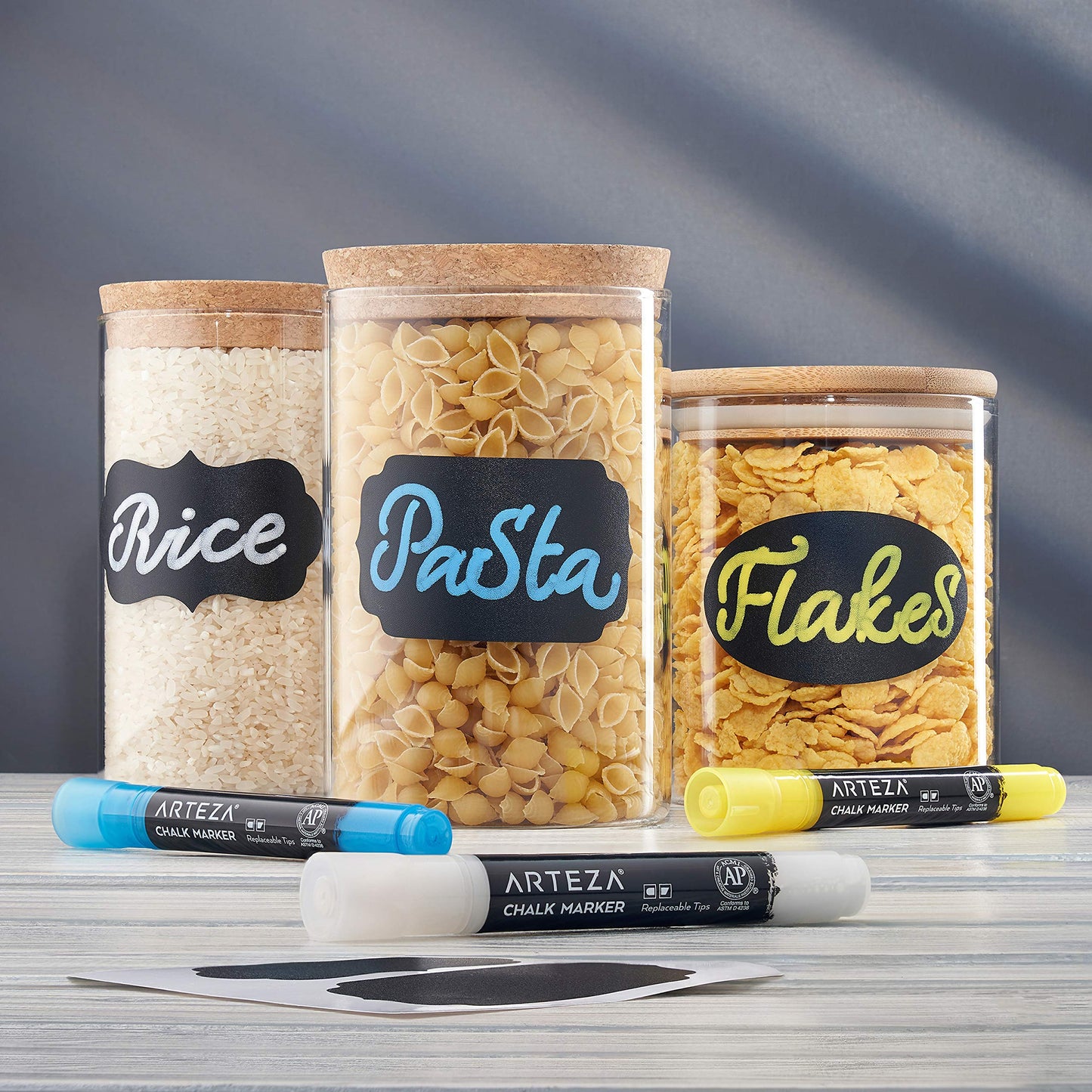 Arteza 150 Chalkboard Labels + 3 Colored Chalk Markers - Removable Chalk Labels for Jars - Waterproof Mason Jar Stickers