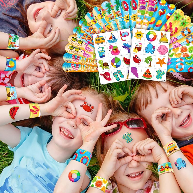 Cherisnowy 48PCS Beach Party Favors – 24PCS Temporary Pre - cut Tattoos & 24PCS Slap Bracelets – Summer & Ocean-Themed Birthday Supplies, Baby Shower Gifts, Classroom Rewards & Party Decor for Kids