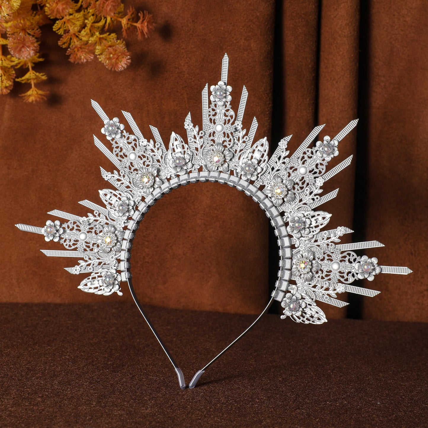 COSUCOS Silver Halo Crown Headpiece - Sunburst Spiked Sun Goddess Headband Statue of Liberty Crown, Virgin Mary Goddess Headwear for Women Renaissance Costume Halloween Pageant Cosplay Accessorice