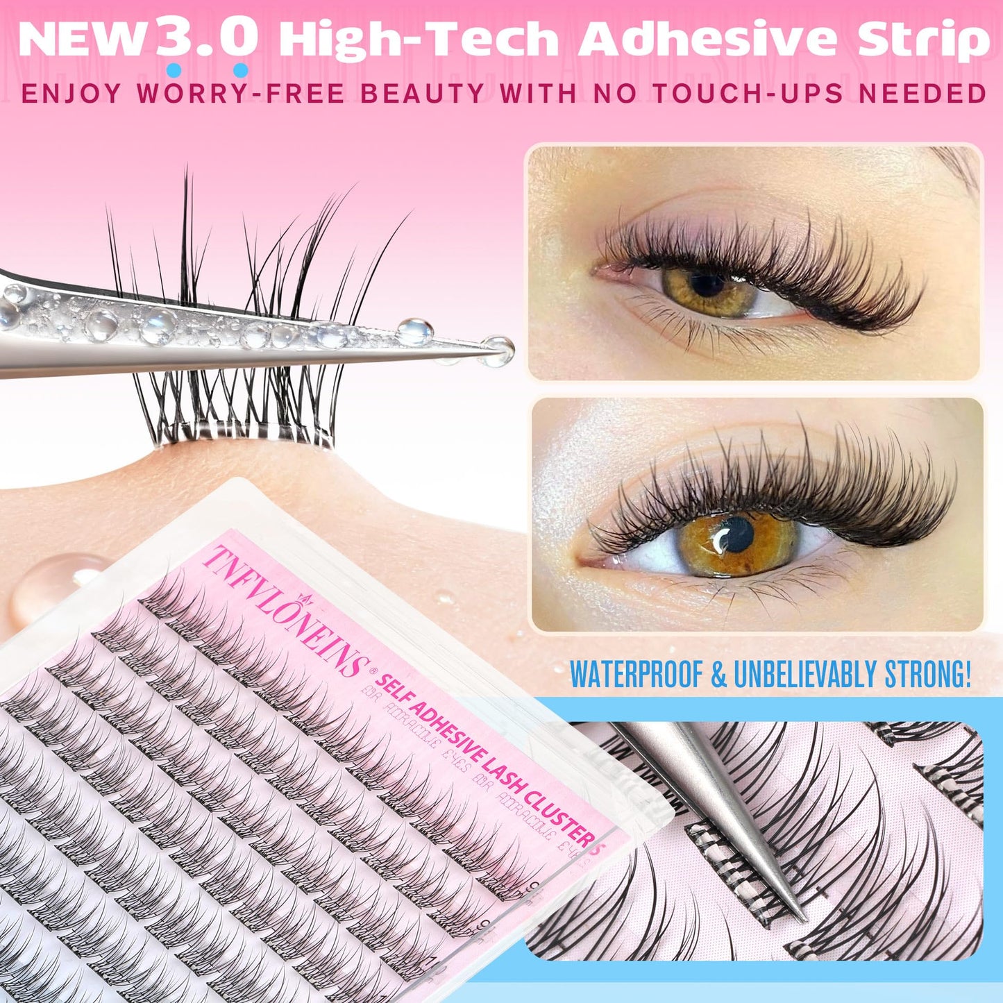 Self Adhesive Eyelashes Natural Self Adhesive Lash Clusters 9-12MM Wispy Eyelash Clusters No Glue Needed Cluster Eyelash Extensions Waterproof Pre glued Individual Lashes Extension by TNFVLONEINS