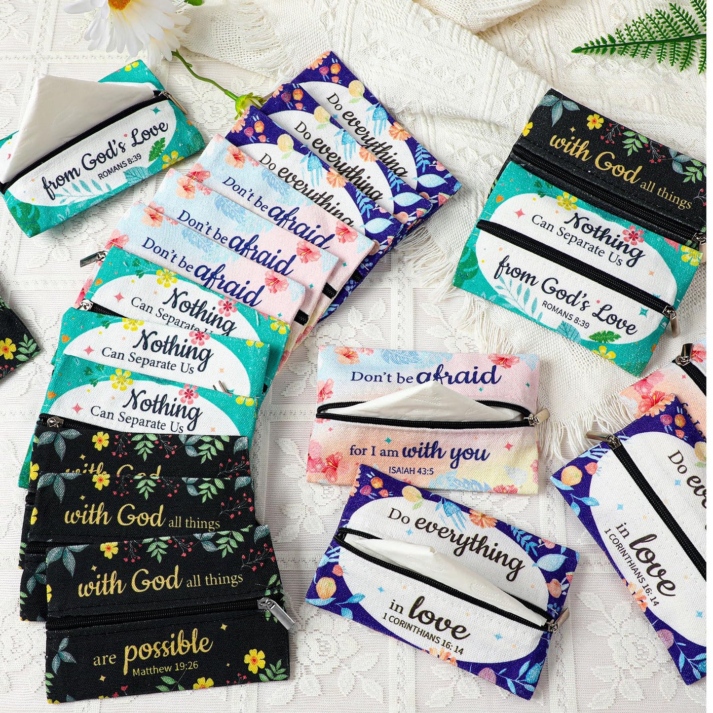 Zhanmai 20 Pcs Christian Inspirational Bible Verse Floral Tissue Holders Bulk Reusable Travel Pouch Church Mothers Day Gifts for Women Christian Employee Appreciation Gifts Bulk Secretary's Day