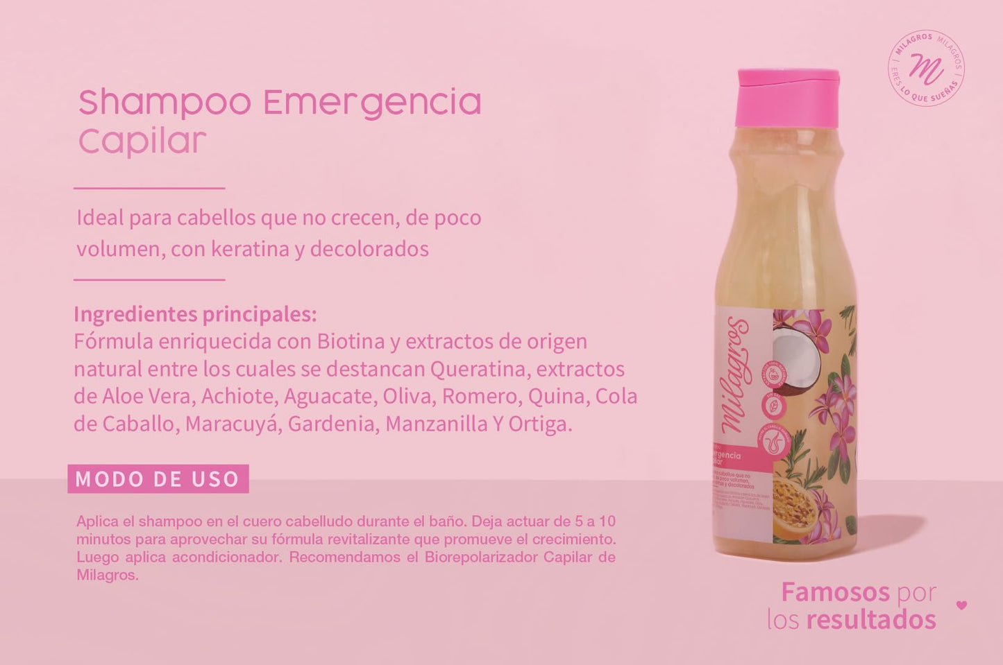 Milagros Shampoo Emergencia Capilar Colombian Hair Care Products for Natural Growth, Strengthening, and Repair Set of 1, 100% Natural
