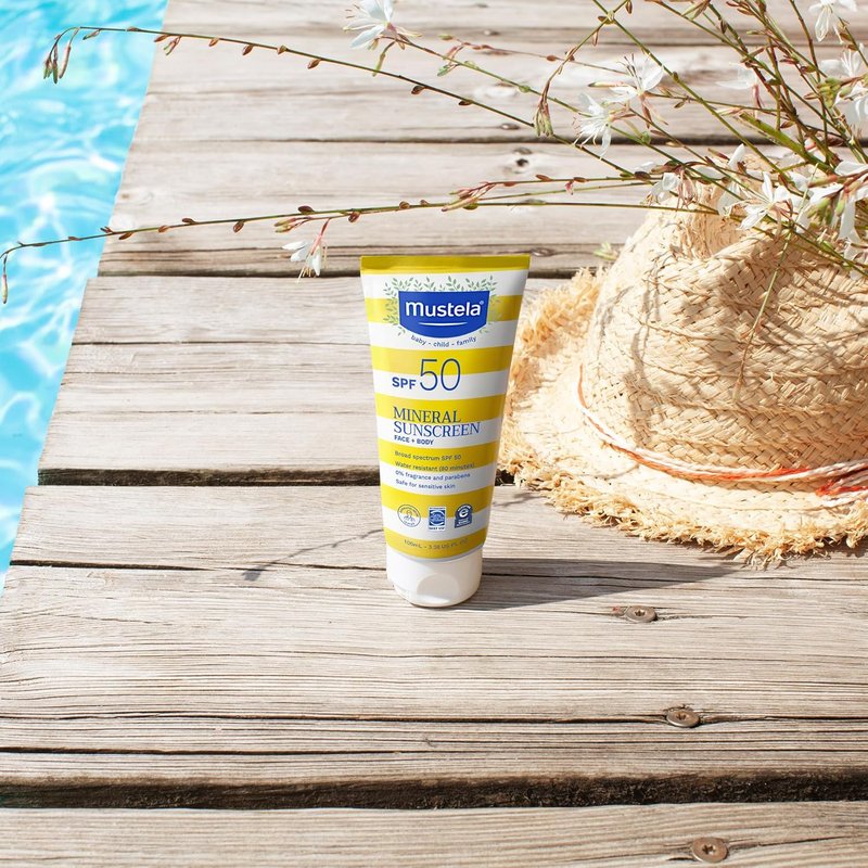 Mustela Baby Mineral Sunscreen Lotion SPF 50 - Sensitive Skin Protection | Water Resistant & Fragrance Free, Regular & Family Size