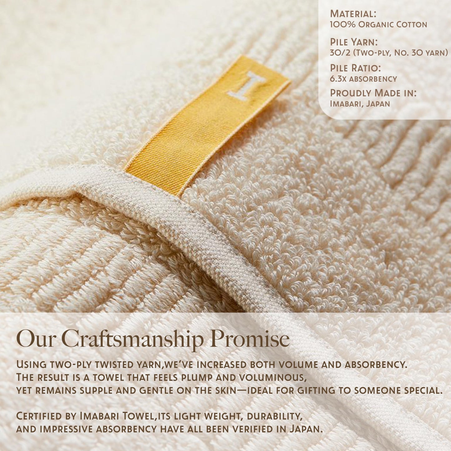 Highly Absorbent & Quick-Dry Organic Cotton Washcloths, Soft & Lightweight Face Towels, Made in Japan, Oeko-Tex Class 1 Certified, 13.8 x 13.8 inch, Ivory, Pack of 4 – Proof of Purity