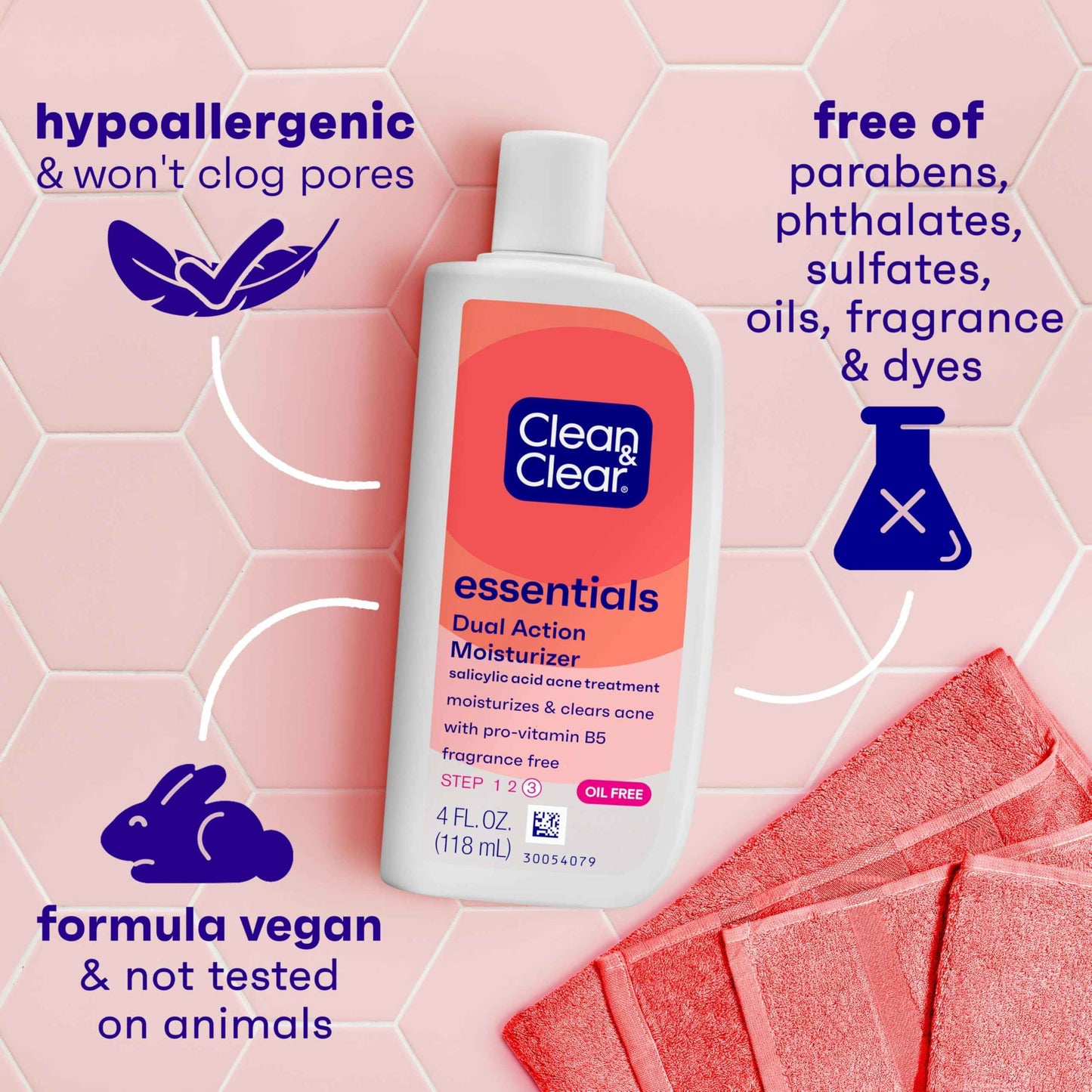 Clean & Clear Essentials Dual Action Oil-Free Facial Moisturizer, Salicylic Acid Acne Treatment with Pro-Vitamin B5 Moisturizes While Treating Acne & Helping to Prevent Pimples, 4 fl. oz, 3 Pack