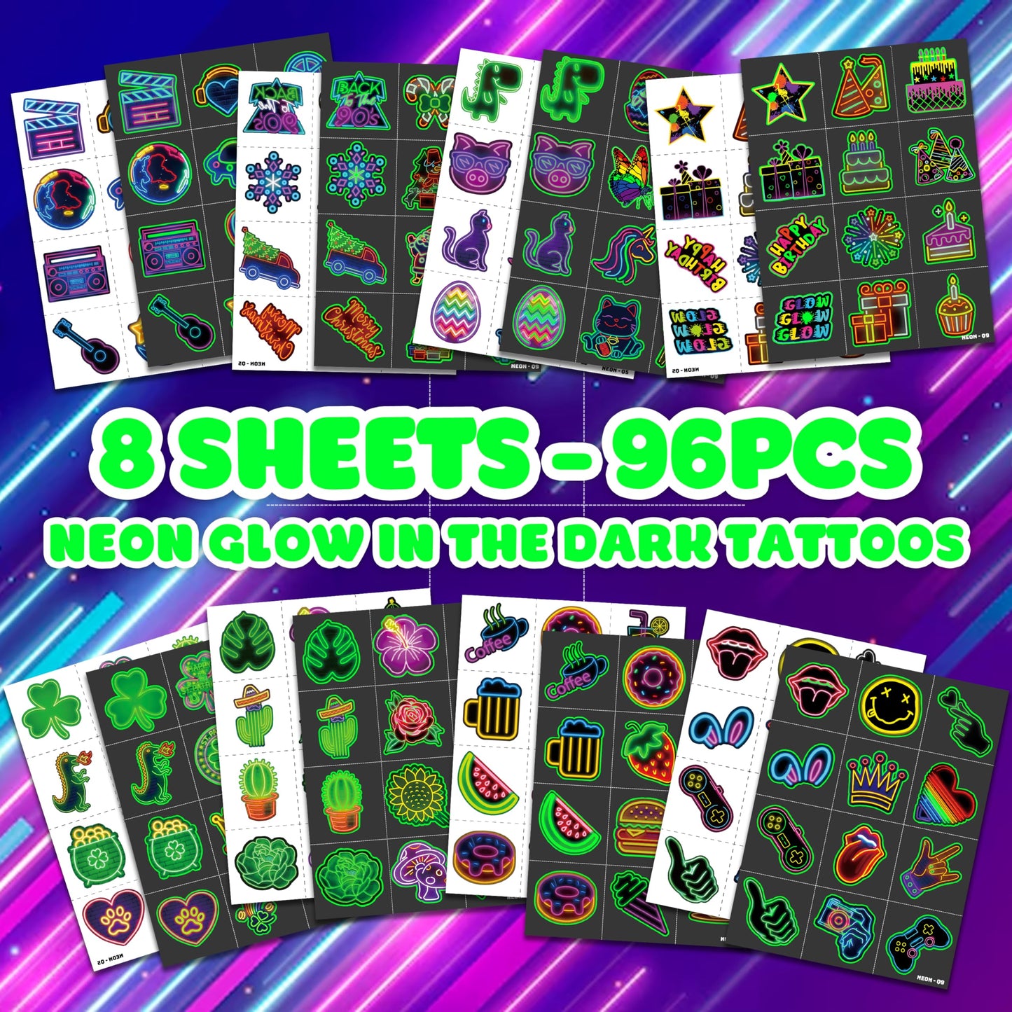 96 PCS Neon Luminous Glow in the Dark Temporary Tattoos - 8 Sheets