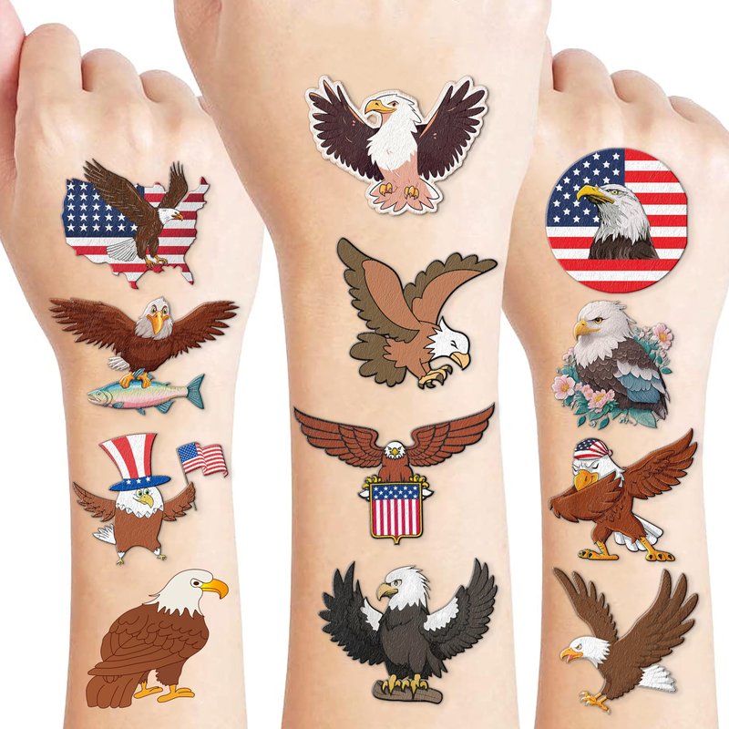 Eagle Temporary Tattoos 8 Sheets 80PCS Bald Eagles Party Decorations Supplies Favors American Flag Bird Theme Birthday Cute Stickers Christmas Gifts for Boys Girls Class School Prizes Carnival