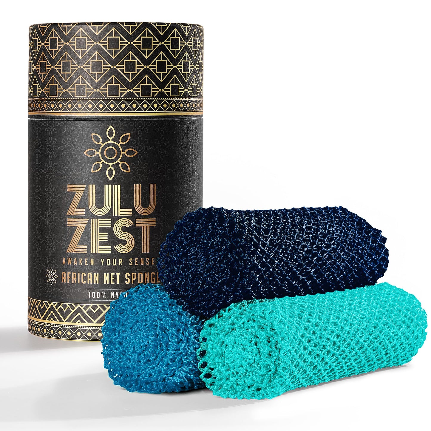 African Net Sponge Authentic 3 Pack, Body Scrubber Exfoliating Bath Sponge for Face and Body, Quick Drying Mesh Body Scrub for All Skin Types, Durable and Travel Friendly (Dark Blue, Blue, Turquoise)