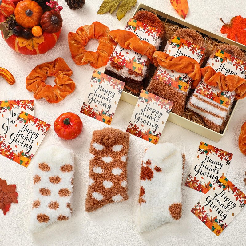 Breathy 36 Pcs Friendsgiving Gifts Set for Women Includes Fall Fuzzy Socks Orange Hair Scrunchies Velvet Elastics Friendsgiving Cards Fall Gifts for Thanksgiving Halloween Birthday Party Favors