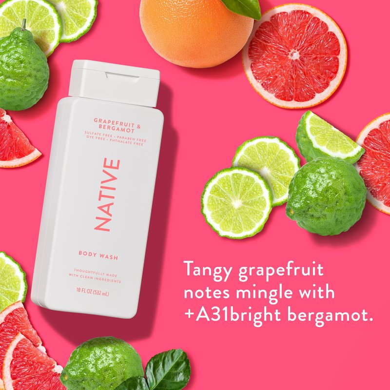Native Body Wash Contains Naturally Derived Ingredients | For Women & Men, Sulfate, Paraben, & Dye Free Leaving Skin Soft and Hydrating | Grapefruit & Bergamot 18 oz