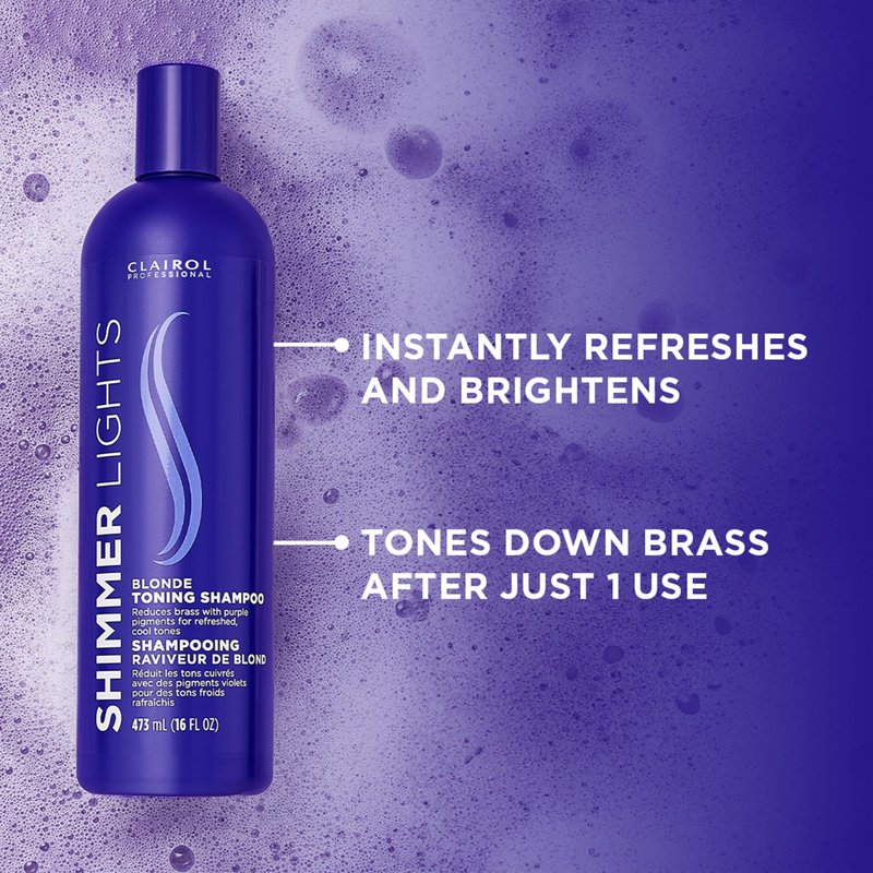 Clairol Professional Shimmer Lights Purple Shampoo, 16 fl. Oz, Neutralizes Brass & Yellow Tones, For Blonde, Silver, Gray & Highlighted Hair Packaging May Vary