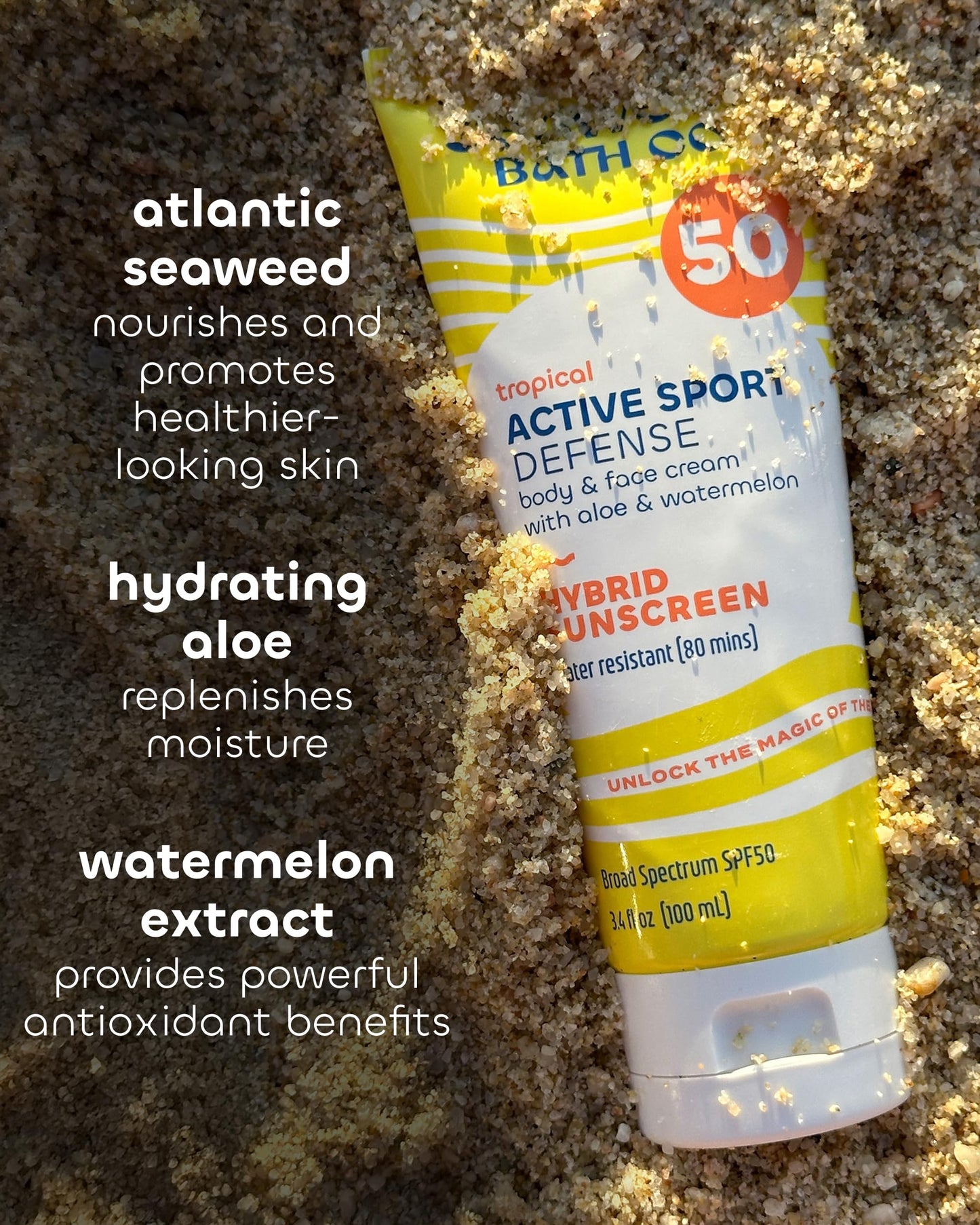 Seaweed Bath Co. Active Sport Defense Cream SPF 50 - Broad Spectrum Hybrid Sunscreen with Zinc Oxide, Aloe & Watermelon - Water Resistant Face and Body Daily Sunblock, 3.4 Ounce (Pack of 2)