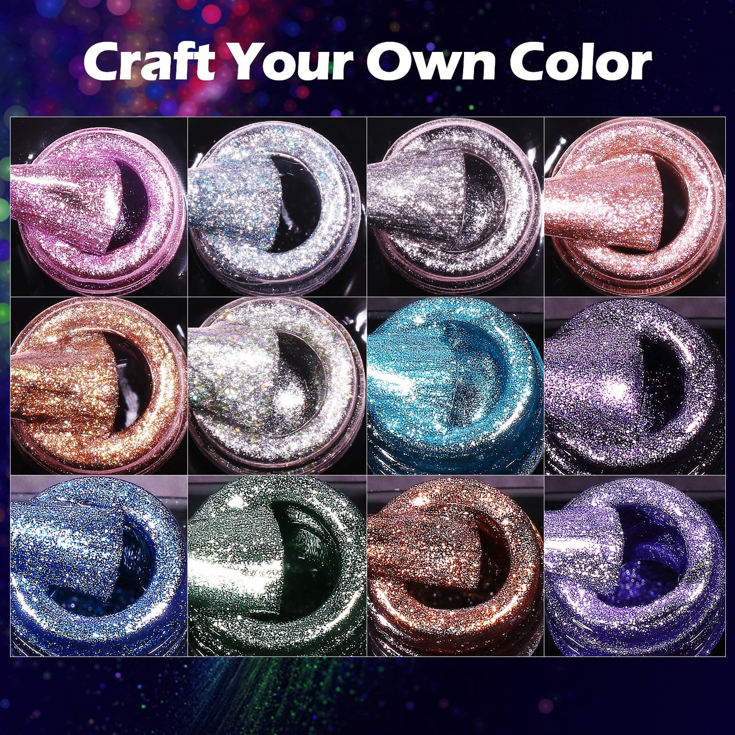 Clara Colors Cat Eye Gel Nail Polish Set - 12 Holographic Glitter Colors With Magnet, Romantic Galaxy Series, Long Lasting Soak Off UV LED
