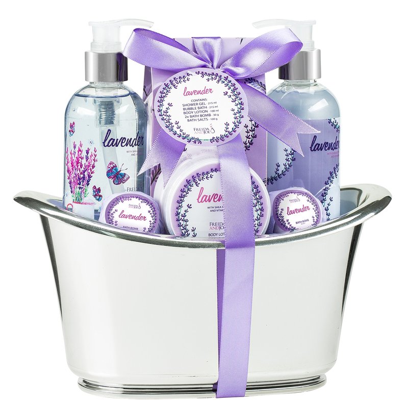 Aromatherapy Essentials Spa Set for Women in Large Silver Tub Bath Set Includes 2 Bath Bombs, Body Lotion, Bath Salts, Shower Gel, and Bubble Bath (Lavender) – Mother's Day Gift for Mom