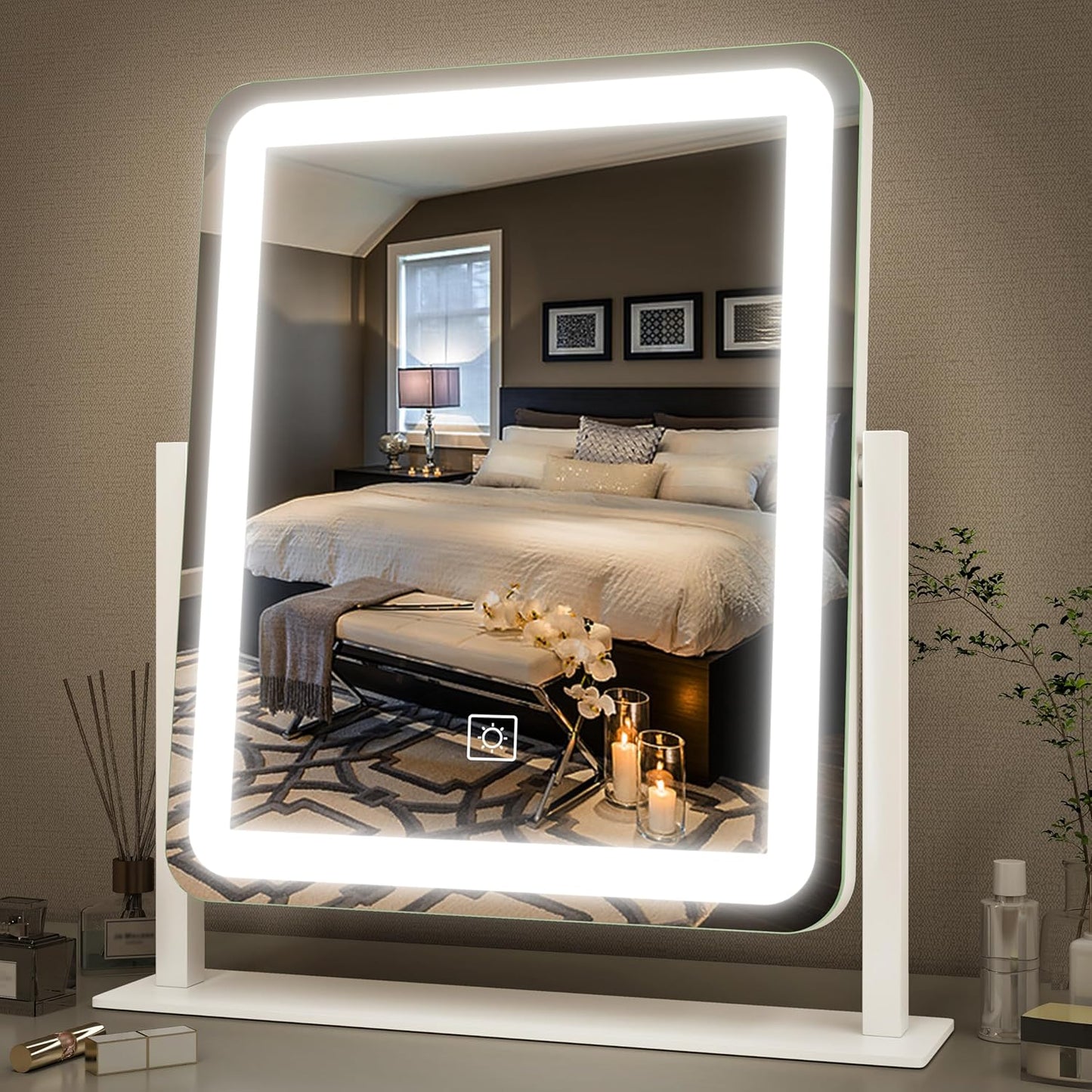 FENNIO LED Lighted Makeup Mirror - 15"x12.6" Touch Screen Vanity Mirror with Dimmable 3-Color Lighting | Perfect for Bedroom & Desk