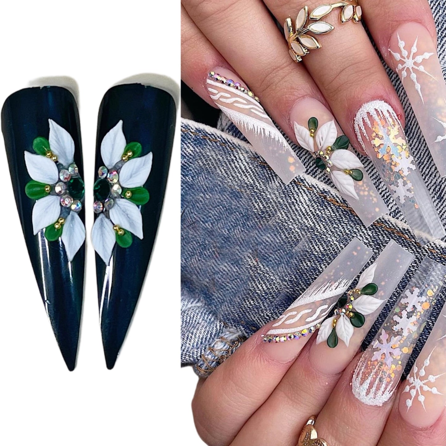 3D Acrylic Christmas Flower Nail Art Charms Handmade by Acrylic Powder - 24pcs Noel Flowers Nail Rhinestones Kit 3D Nails Design Xmas Nail Art for Women (Christmas Flowers 2-Medium & Long Size)