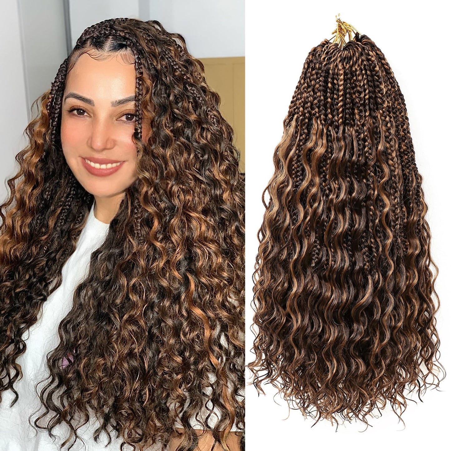 Eerya 8 Packs Boho Goddess Box Braids Crochet Hair for Black Women 16 inch Pre-looped Bohemian Crochet Box Braids With Curly Ends Synthetic Crochet Hair Extensions (16 inch, P4/30)