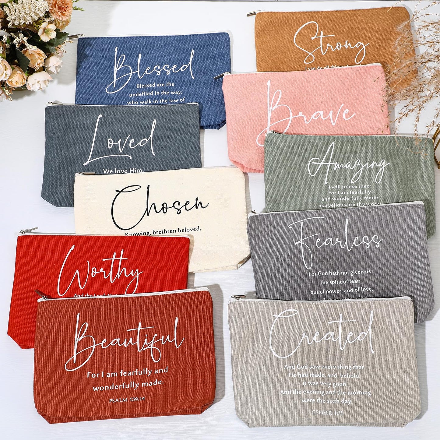 Huhumy 20 Pcs Christian Gifts for Women Bulk Religious Bible Verse Makeup Bag Inspirational Scripture Cosmetic Bag with Zipper VBS Graduation Church Favors for Ladies(Bright,Bible Words)