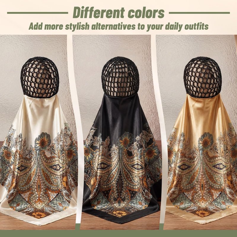 Funnysoft 3 Pcs Wrap Hair Net with Scarf, Women Silk Press Doobie Hair Wrap Netted Scarf 2 in 1 Easy-to-use for Silk Press & Nighttime Care, Sleep & Shower Cap(Luxury Boho,Beige Yellow Gold)