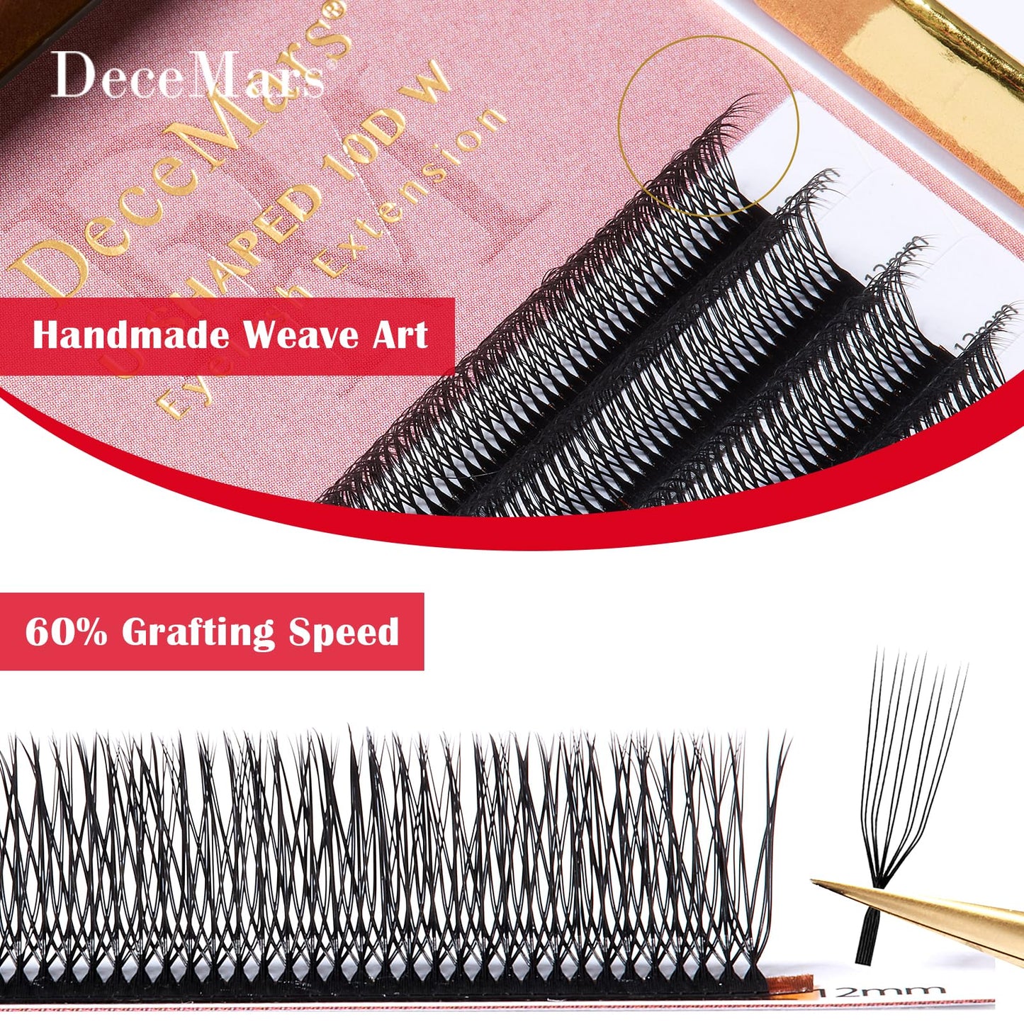 DeceMars 10D U Shaped Eyelash Extensions Easy Fans Double Tips 5D Russian Volume Crisscross Eyelashes Natural Soft YY Lash Extensions Handwoven Mesh Wispy Clusters Matte Black-0.07mm-D-8-15mm Mix