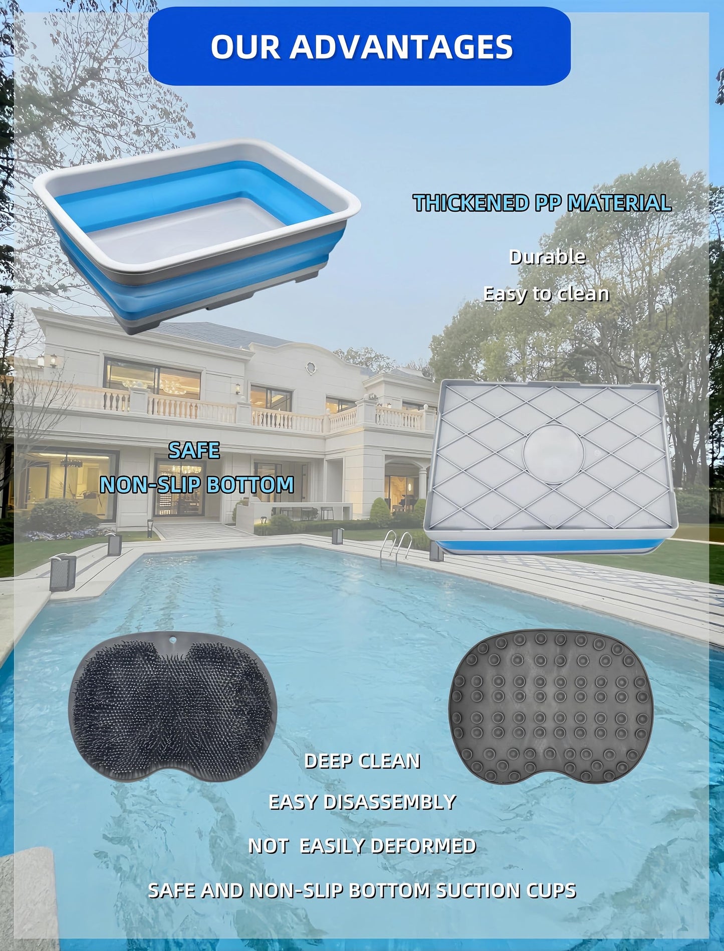 owfccla Collapsible Pool Foot Bath Tray, Portable Foot Wash Basin for Swimming Pool Ladder, Non-Slip Foot Rinse Tub for Beach & Hot Tub, Keeps Water Clean (with Gray Pad)
