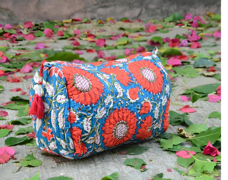 INDACORIFY 100% Cotton Block Print Cosmetic Toiletry Bags Boho Beauty Toiletry Kits Travel Case Pouch for Women's Printed Cotton Tote Bag (Pattern- 3)