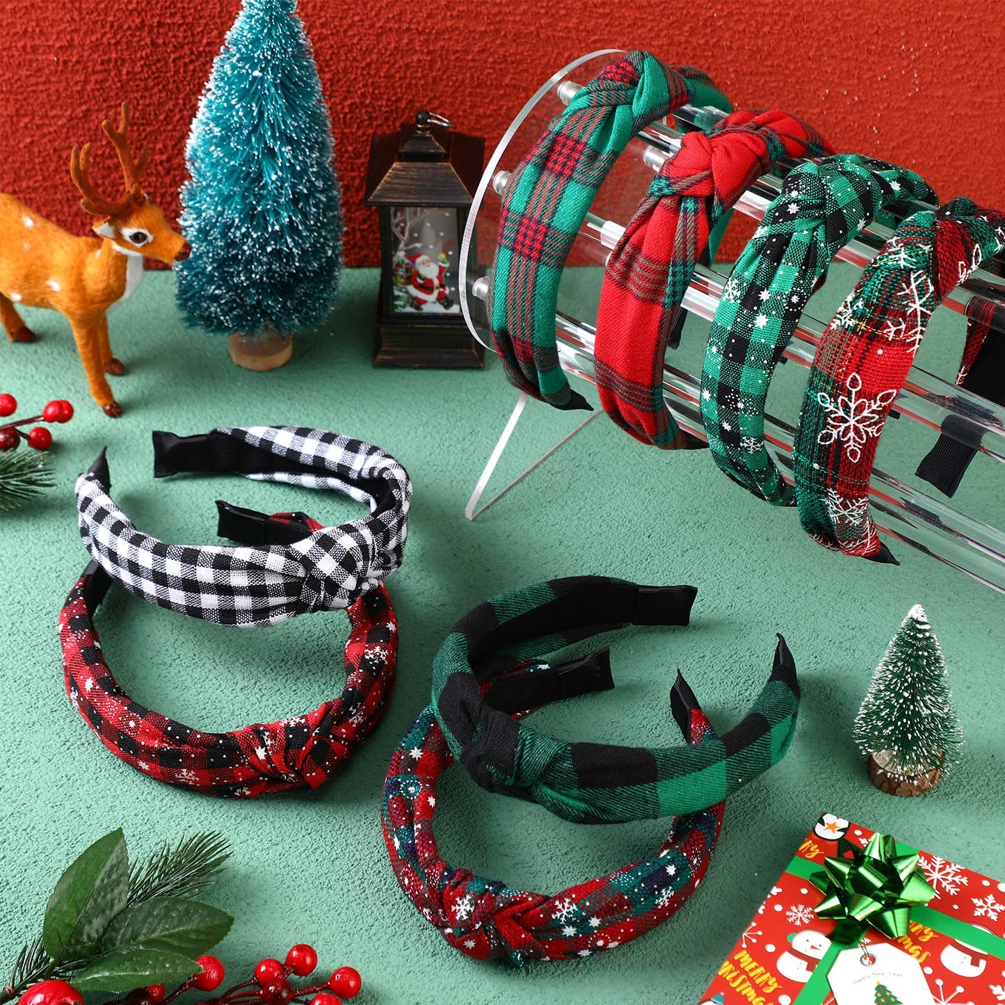 Yilloog 12 Pcs Christmas Knotted Retro Hair Band Snowflake Buffalo Plaid Headband Green Red for Women Wide Accessories Holiday Hoop Hairband for Yoga Run Work