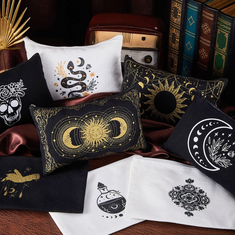 Patelai 18 Pieces Moon Witch Zipper Pouch Bag Tarot Cards Phase Bag Witch Purse Gothic Aesthetic Canvas Makeup Bags Witchy Crystals Toiletry Bags Witchcraft Snake Cosmetic Bags for Women Girls