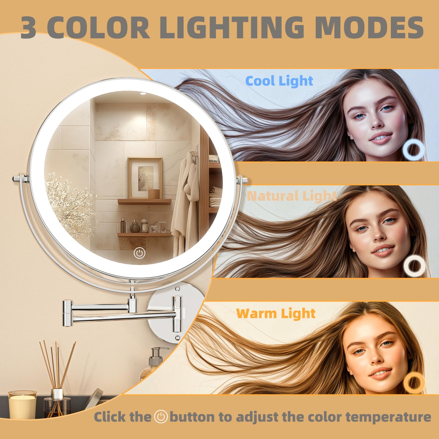 BATUSO 8.5 Inch Wall Mounted Lighted Makeup Mirror, 1X/10X Magnifying Mirror with 19.7 Inch Extended Arm, 3 Color Lights Touch Dimmable, 360 Rotation, 2000mAh Rechargeable Bathroom Vanity Mirror Round
