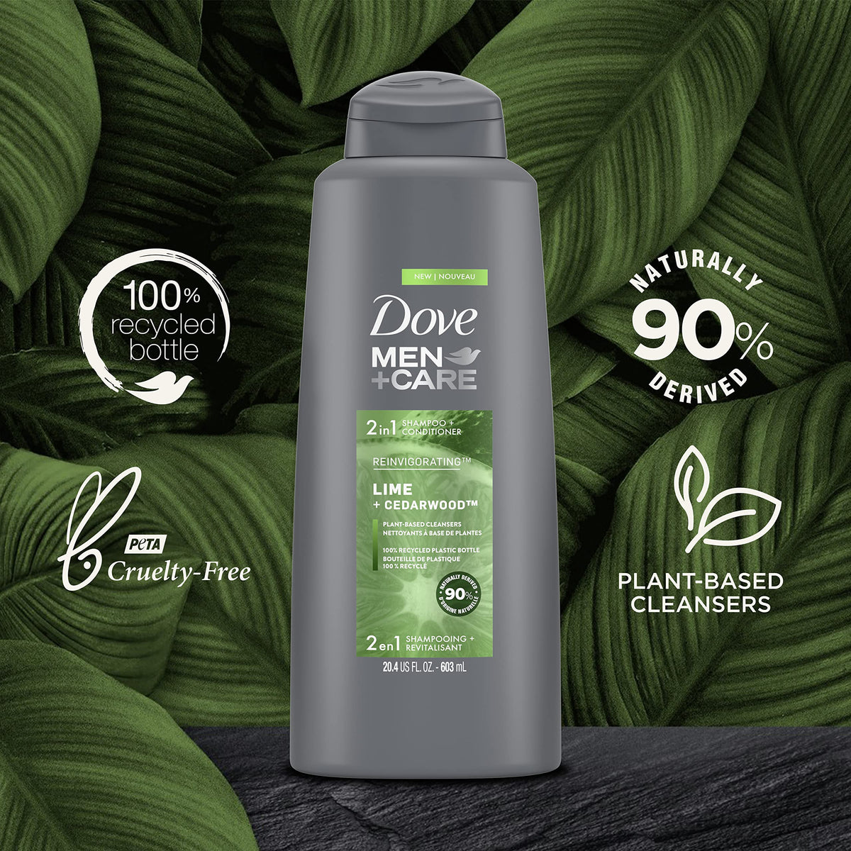 DOVE MEN + CARE 2 in 1 Shampoo and Conditioner For Healthy-Looking Hair Lime + Cedarwood Naturally Derived Plant Based Cleansers 20.4 oz 3 Count