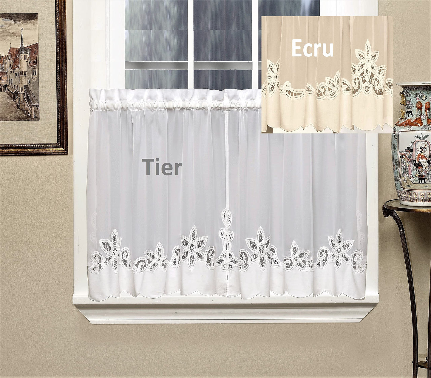 Today's Curtain Plymouth Classic Battenburg Applique Sheer Window Tier, 30-Inch, Ecru