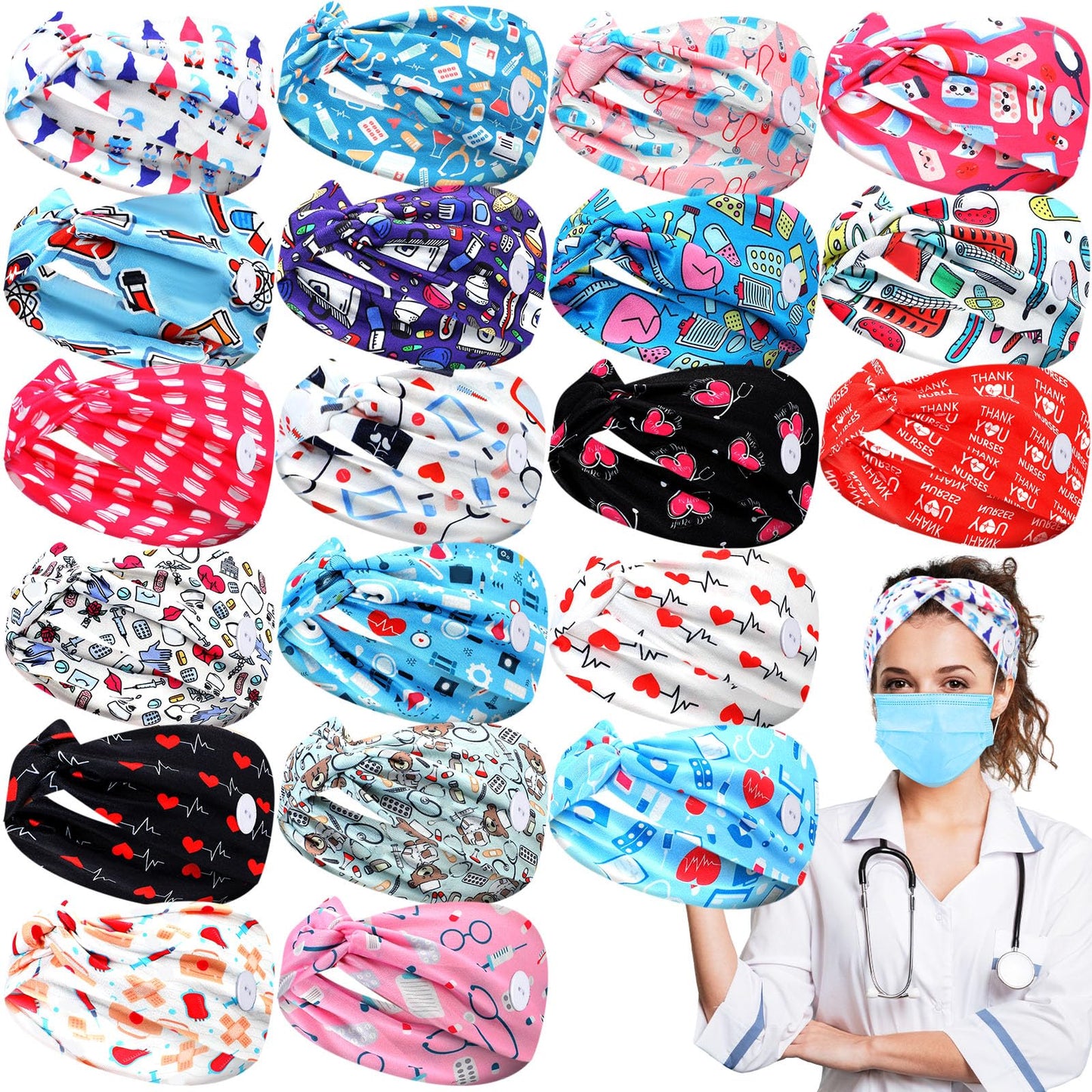 Jexine 20 Pcs Nurse Headbands for Women Non-slip Nursing Headbands with Buttons for Mask CNA Accessories Ear Protection Elastic Wide Hairband Sweatband Head Wrap Medical Nursing Essential