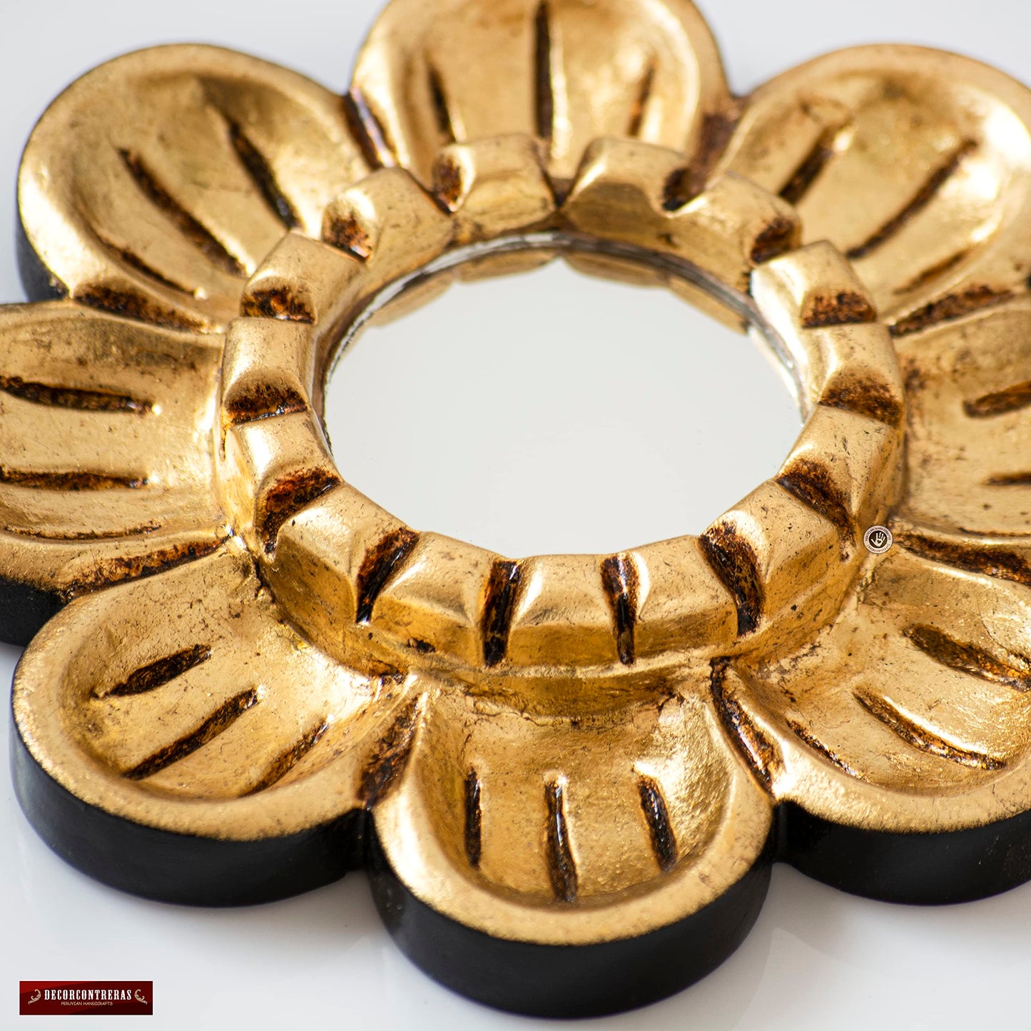 DecorContreras Peruvian Gilded Bronze Leaf Round Mirror 6”- Luxury Hand-Carved Wood Flower Wall Art - Small Space Art