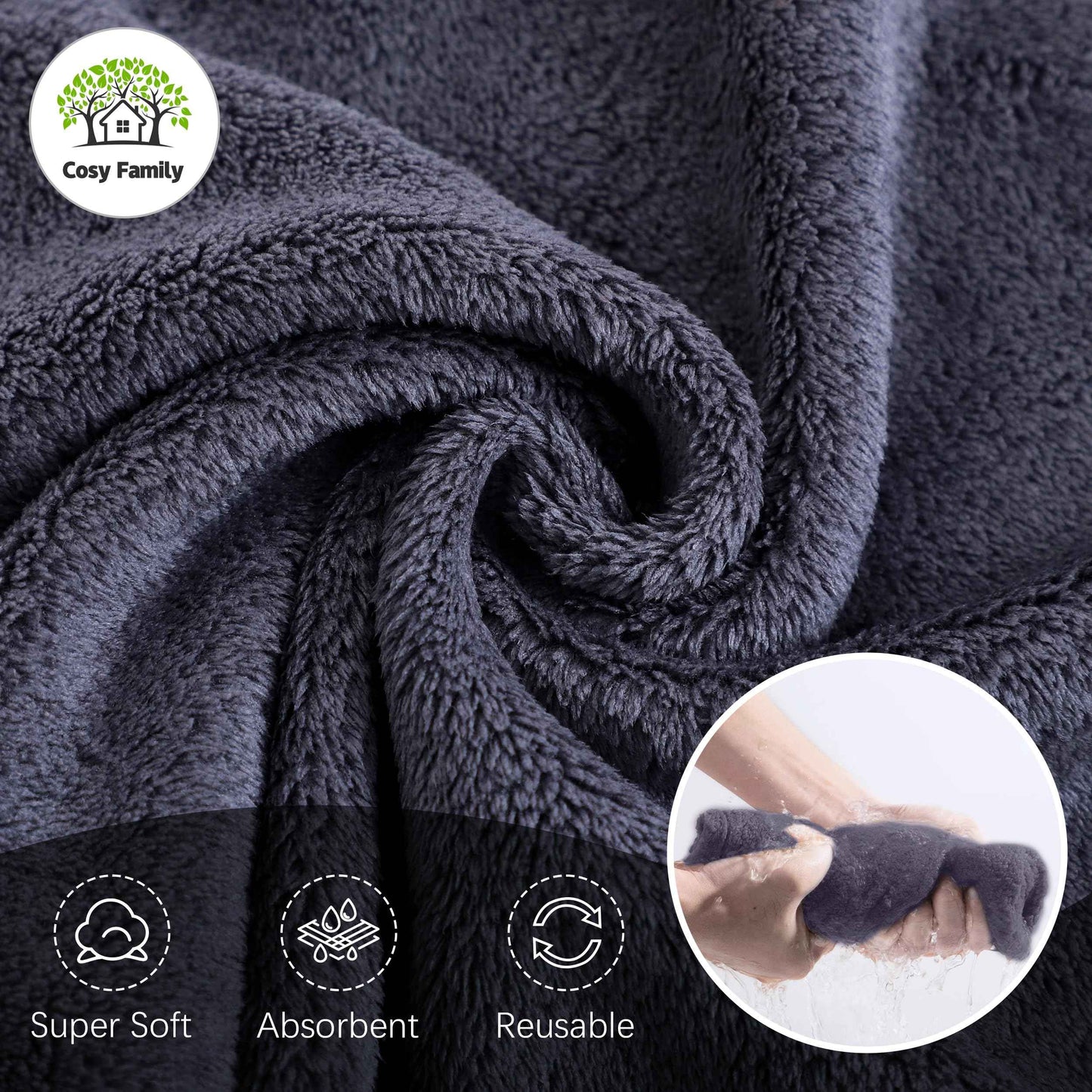Cosy Family 24 Pack Soft Washcloths Set - 12 x 12 inches, Quick Drying - Highly Absorbent Coral Velvet Fingertip Towel Bathroom Wash Clothes for Bath, Spa, Facial, Kitchen - Dark Grey