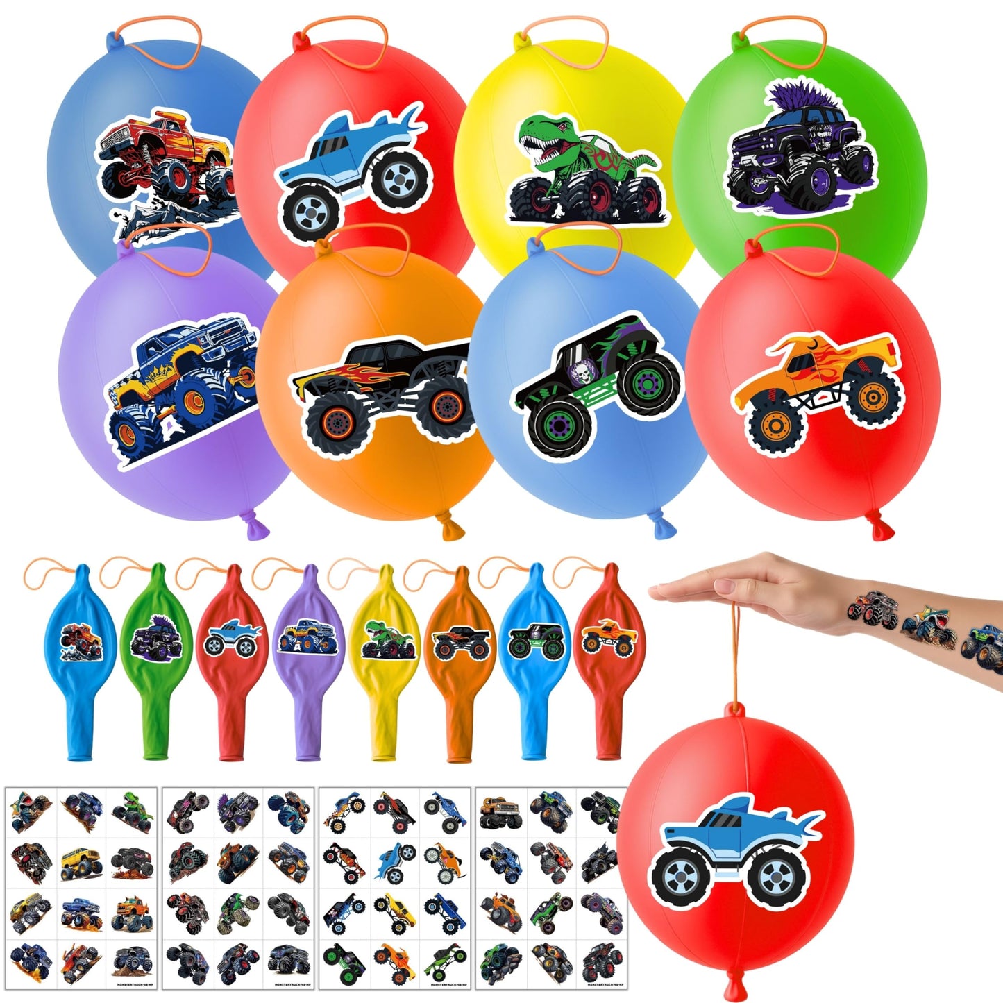 72 PCS Monster Truck Party Favors – 48 Pre-Cut Temporary Tattoos & 24 Punch Balloons Themed Birthday Party Decorations Supplies Favors Gifts Goodie Bag Fillers Classroom Rewards for Boys Girls
