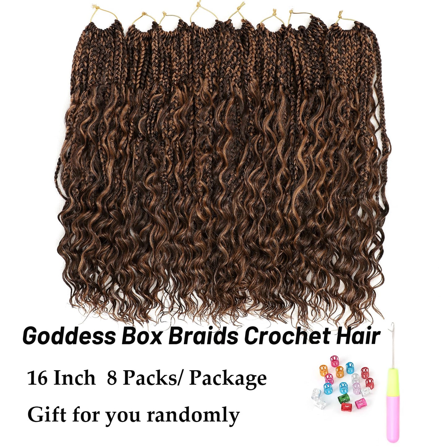 Eerya 8 Packs Boho Goddess Box Braids Crochet Hair for Black Women 16 inch Pre-looped Bohemian Crochet Box Braids With Curly Ends Synthetic Crochet Hair Extensions (16 inch, P4/30)